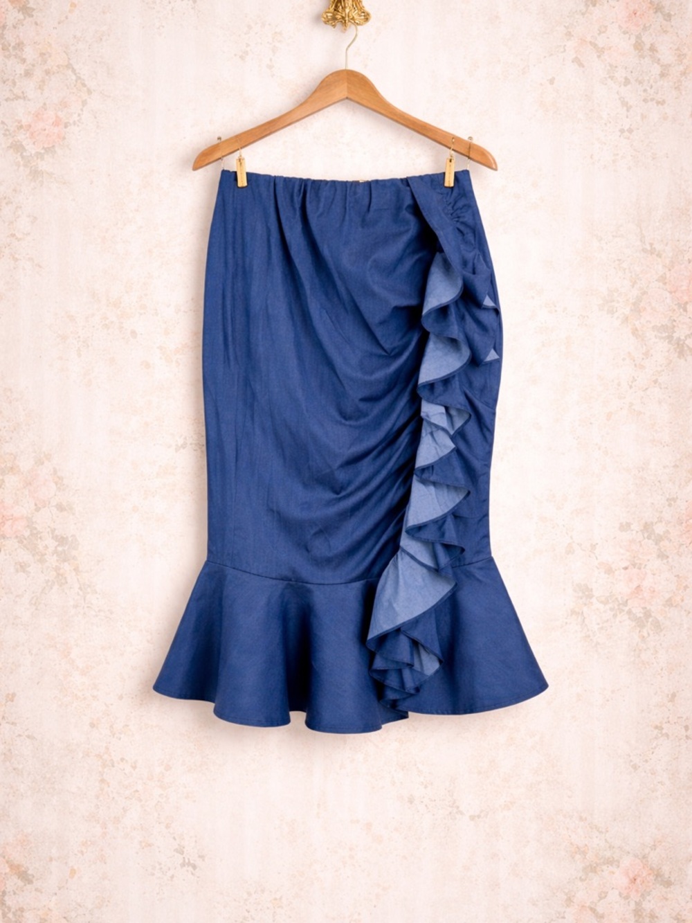 Caroline Constas denim bow detail chambray twirl ruffle boho bohemian skirt M